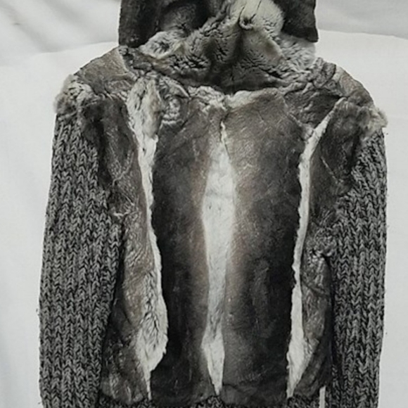 None Jackets & Blazers - Women's Hooded Zip Sheared Chinchilla Fur Knit Jacket Coat M Silver Black Gray